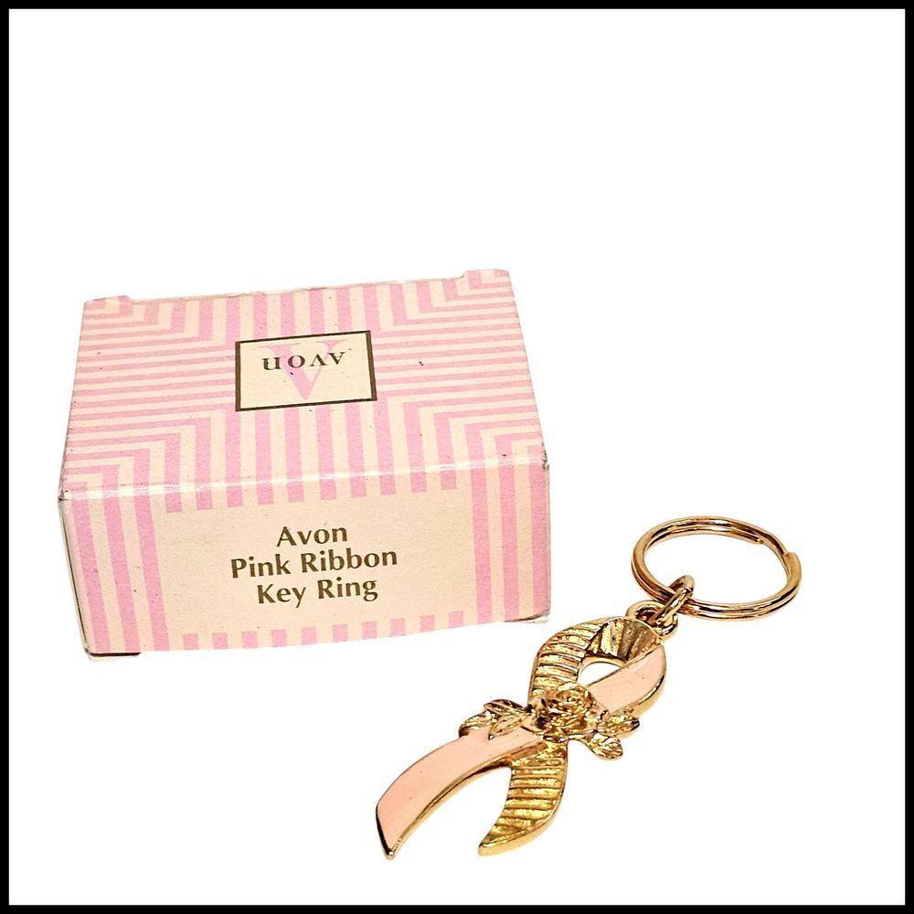 Avon Pink Ribbon Breast Cancer Awareness Gold Rose Keychain Key Ring